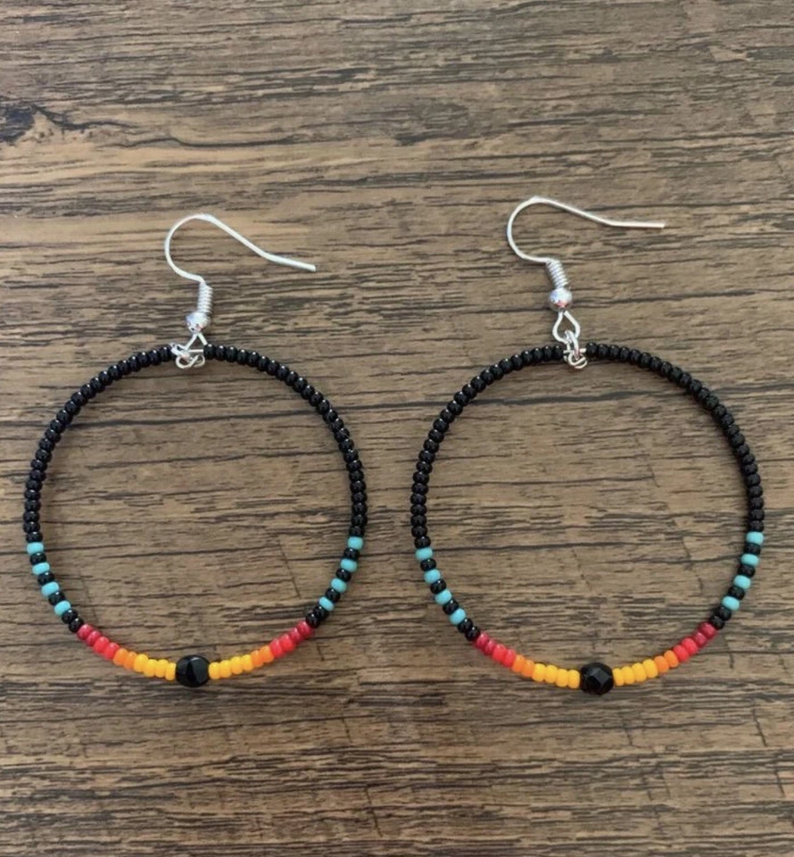 1 Pair 1.5” Native American Style Black Beaded Hoop Earrings - Image 1 of 1