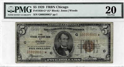 1929 $5 Federal Reserve Bank *STAR* note-fr.1850-G* (Chicago) PMG 20--1 of 48! - Image 1 of 4