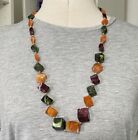 Chunky Cube Beads Long 24” Necklace Statement Orange Green Purple