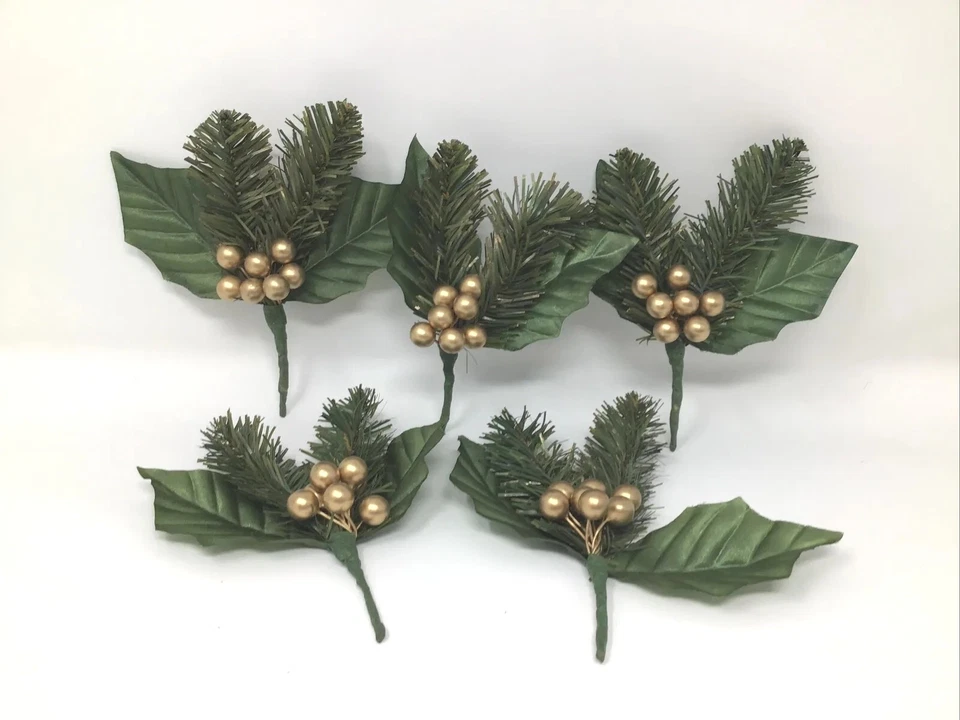 Set Of 5 Wedding Boutonnieres Holly Leaves Gold Berries Greenery Christmas  - Image 1 of 4