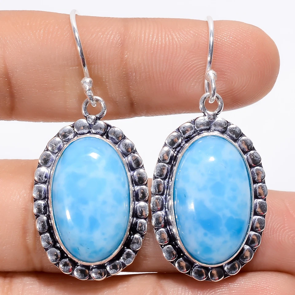 Pendientes colgantes hechos a mano de plata 925 con piedras preciosas Larimar creados en laboratorio 1,7" ARE-3121 Foto 1 de 1