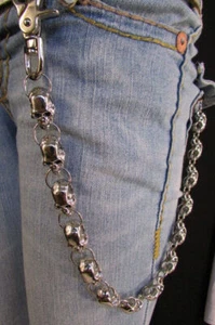 Jeans Largos de Metal Plateado Pesado Billetera Llavero Grande Grueso Calaveras Camionero Motociclista - Imagen 1 de 10
