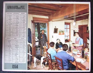 1957 PTT ALMANAC CALENDAR CHIENS FAMILY MEAL / FISHERMAN  - Picture 1 of 2
