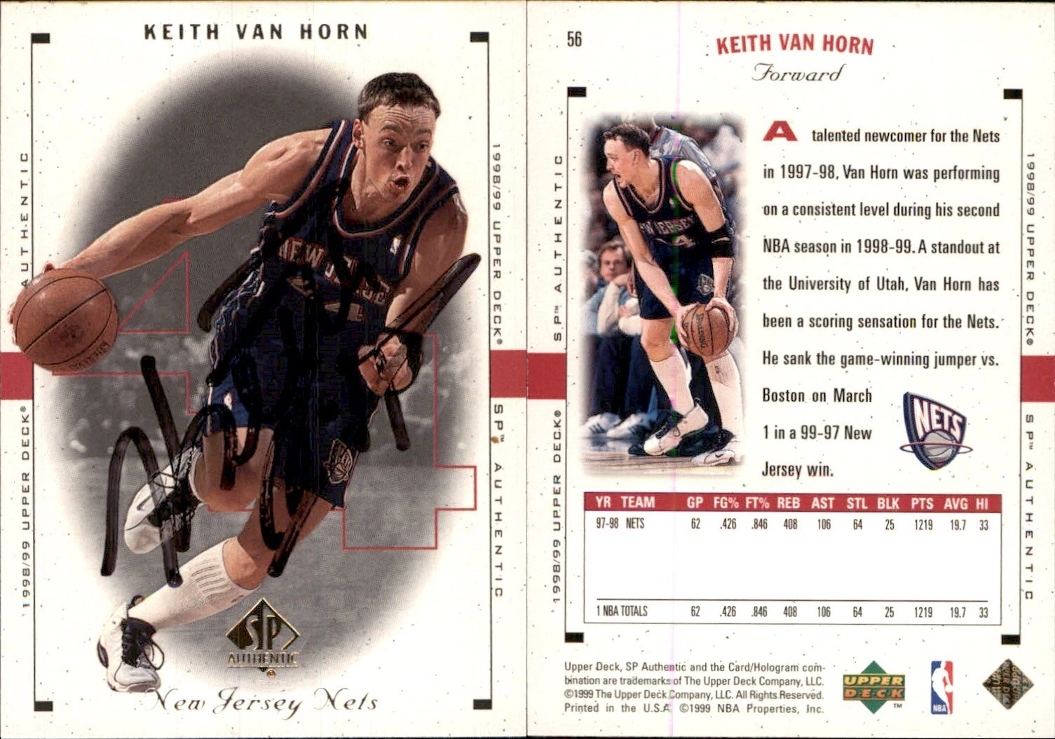 Keith Van Horn Signed 1998-99 SP Authentic #56 Card New Jersey Nets Auto AU