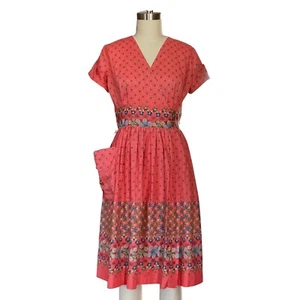 Vintage 1950s Bright Coral Floral Wrap Dress | 1950s Vintage Floral Wrap Dress - Picture 1 of 8
