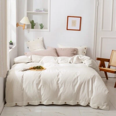 Bedding Set 4 Pcs Luxury Linen & Cotton Duvet Cover Bed Sheet Pillowshames White - Image 1 of 4