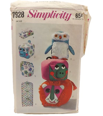 Vintage Simplicity 7928 Owl Lion Pig Pillow Toy Tissue Box Cover Sewing Pattern - Image 1 of 4