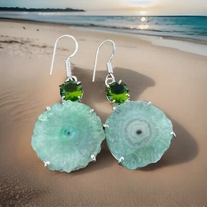 Green Solar Quartz & Peridot Crystal Handcrafted earrings - Silver Plated-New - Picture 1 of 3
