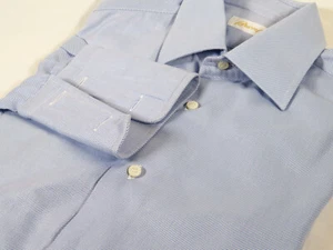 Brioni Blue Twill 100% Cotton Point Collar French Cuff Dress Shirt, Size 16-36 - Picture 1 of 6