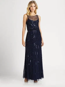 NUEVO SIN ETIQUETAS Azul marino Aidan Mattox Illusion Yugo Malla Lentejuelas Vestido talla 2 - Imagen 1 de 2