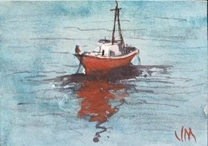 ACEO ORIGINAL Watercolor Painting "Red Boat" - Picture 1 of 6