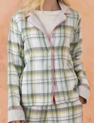 Pijama Sundance 100 % algodón en polvo franela a cuadros top abotonado mediano manga larga Foto 1 de 4