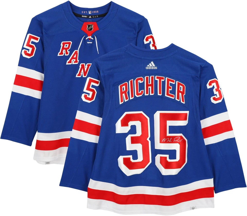 Camiseta deportiva auténtica Adidas azul autografiada de Mike Richter New York Rangers Foto 1 de 4