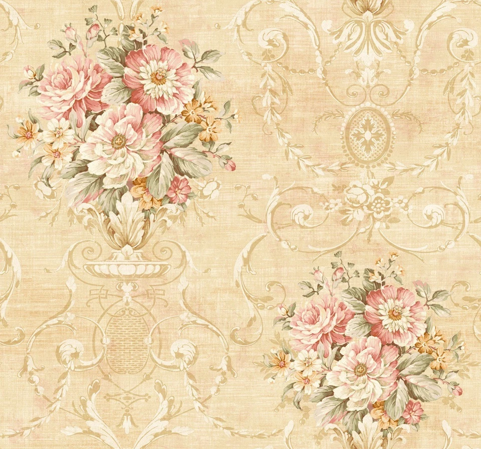 Papel pintado ramo floral victoriano damasco, dorado, coral, verde, perno de 60 pies cuadrados Foto 1 de 1