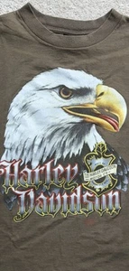 Camicia Harley vintage 1990 emblema 3D punto singolo USA rara marrone aquila calva taglia LG - Foto 1 di 8