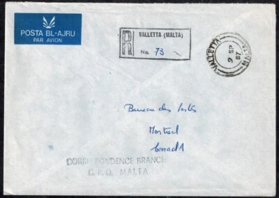 Malta 1987 Cubierta de correo aéreo registrado de la sucursal de correspondencia GPO Foto 1 de 2