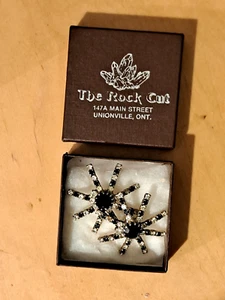 Vintage Earrings"SPIDER" studs/Natural Obsidian/Topaz,RockCut Canada 1970's3.4cm - Picture 1 of 6