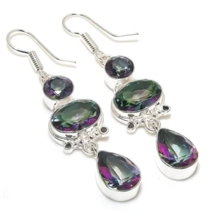 Mystic Topaz Gemstone Handmade 925 Sterling Silver Jewelry Earring 2.65 " - Picture 1 of 1