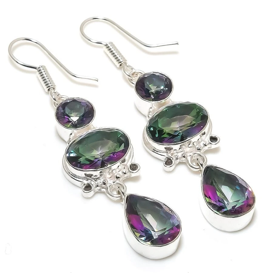Mystic Topaz Gemstone Handmade 925 Sterling Silver Jewelry Earring 2.65 " - Image 1 of 1