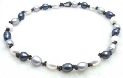 10-11mm Rice Natural Gray White Black Pearl Necklace for Women with Leather 17" - image 1 of 4