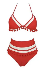 COCOSHIP Mesh Striped High Waist Bikini Tassel Trim Halter Strap Swimsuit Red Wh - Picture 1 of 6