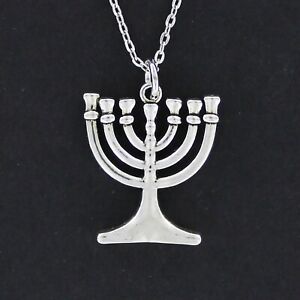 Menorah Necklace - Pewter Charm on Chain 7 Candle Jewish Hanukkah Judaica Lights