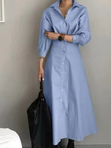 Women Casual Long Sleeve Dresses Elegant Maxi Shirt Dress - Picture 1 of 6