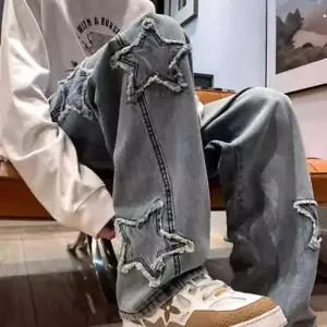 Y2K Stars Patchwork Jeans - New Fashion Tassel Pants for Men | Korean Streetwear - Picture 1 of 18
