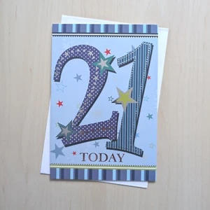 Age 21 Birthday Card Age 21st  Twenty one Adult Blue Stars - 7.5" x 5.25" - Picture 1 of 3