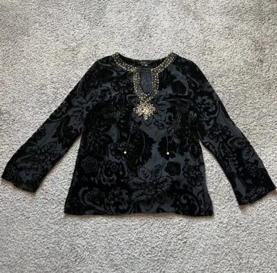 Top Eci Vintage Y2K Años 90 Grande Negro Terciopelo Cachemira Capa Lentejuelas Cuentas Boho Gótico Foto 1 de 4