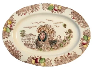 Vintage Porcelain Thanksgiving Turkey Platter 17 x 13 x 2 Sepia Ink and Color - Picture 1 of 16