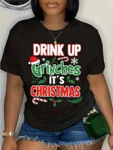 Women Clothing Summer Round Neck Short Sleeve Printed Graphics Christmas Fashion - Picture 1 of 11