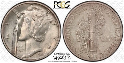 1944 P Mercury Silver Dime PCGS MS62 Obv. Struck Thru Object Error "Facial" - Image 1 of 3