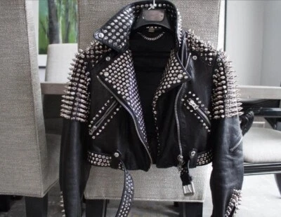Handmade Style Punk Silver Spiked Woman Studded Cowhide Leather Jacket - Image 1 of 3