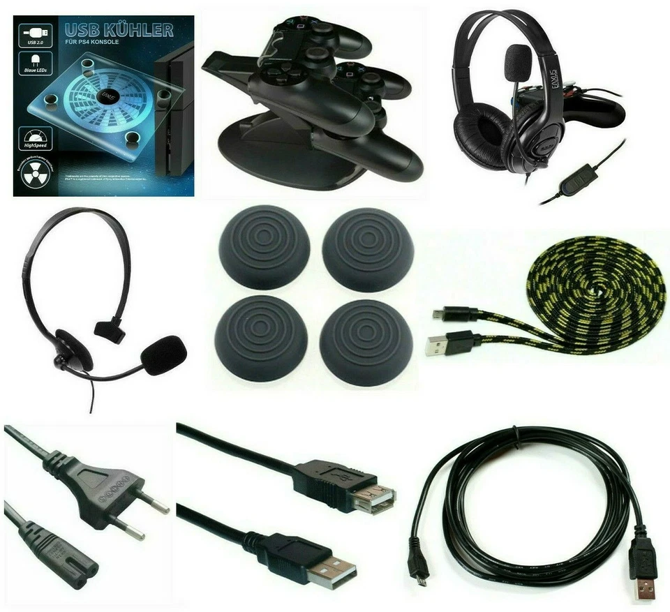 Playstation 4 Zubehör Ladestation Kühler Headset USB Kabel Controller Kappen PS4 - Bild 1 von 1
