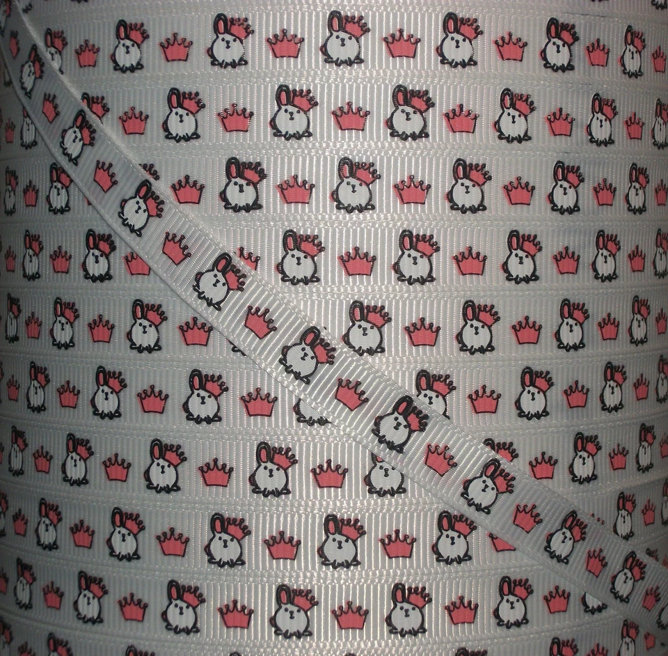 5 YARDS 3/8" White Easter Bunnies With Pink Crowns Grosgrain Ribbon 4 Hairbows  - Image 1 of 1