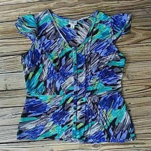 🌹Worthington Women's Career Ruffle Belted Sheer Blouse Multicolor Pattern PL🌹 - Picture 1 of 12