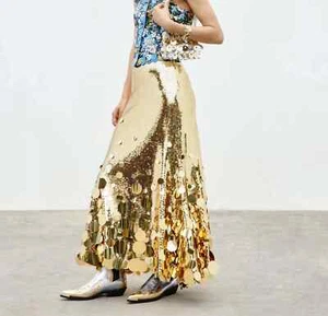Damen Midi Rock Voll Pailletten Gold Größe L Large Tall Gefüttert Verziert Mid Rise - Bild 1 von 13