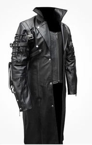Mens Genuine Black Leather Trench Coat Steampunk Leather Jacket Long GOTHIC NWT - Picture 1 of 8