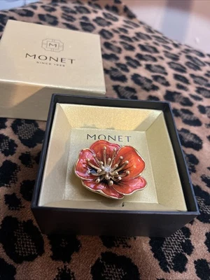 Винтажная брошь с подписью Моне оранжевая эмаль со стразами золотистый цветок - Изображение 1 из 4
