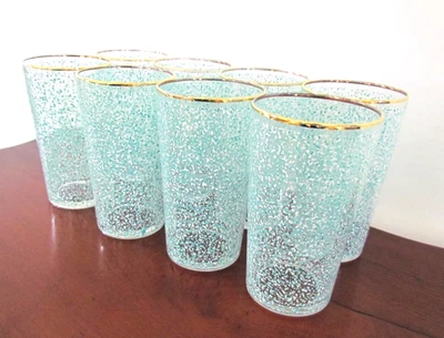 Juego de 8 vasos moteados MCM vintage con adornos de oro blanco aguamarina Foto 1 de 4