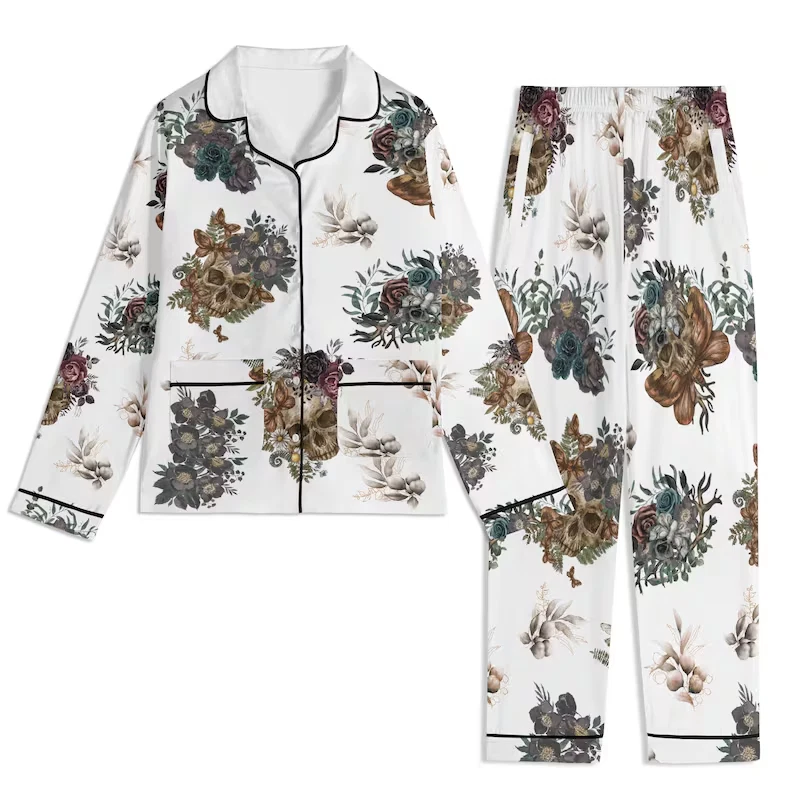 Conjunto de Pijama Calavera Floral Gótico Blanco - Algodón Dos Piezas Manga Larga Conjunto Informal Foto 1 de 4