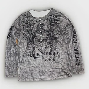 Affliction Long Sleeve Henley Graphic Shirt Gray Small 20x27 Y2K Biker MMA - Picture 1 of 5