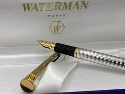 Waterman Executive Silver Fluted Fountain Pen 18Kt Gold M Nib In Box - Image 1 of 4