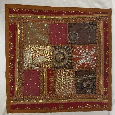 VTG Indian Throw Pillow Cover Beaded Handmade Embroidered Kantha Brown - Image 1 of 4