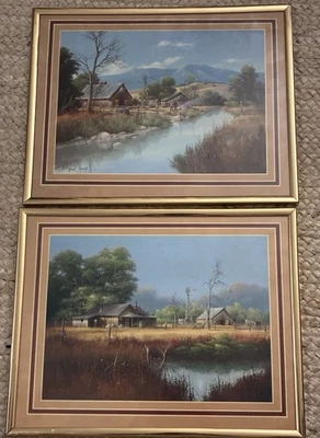 1970s Gene Speck ARTISTA LISTADO Paisagem de celeiro emoldurada impressão fosca 12x14” - Imagem 1 de 4