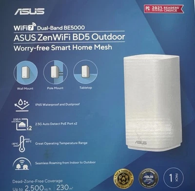 ASUS ZenWiFi BD5 Outdoor Dual-Band WiFi 7 Mesh, 5000 Mbps, 2500 sq. ft. (1pk) - Image 1 of 2