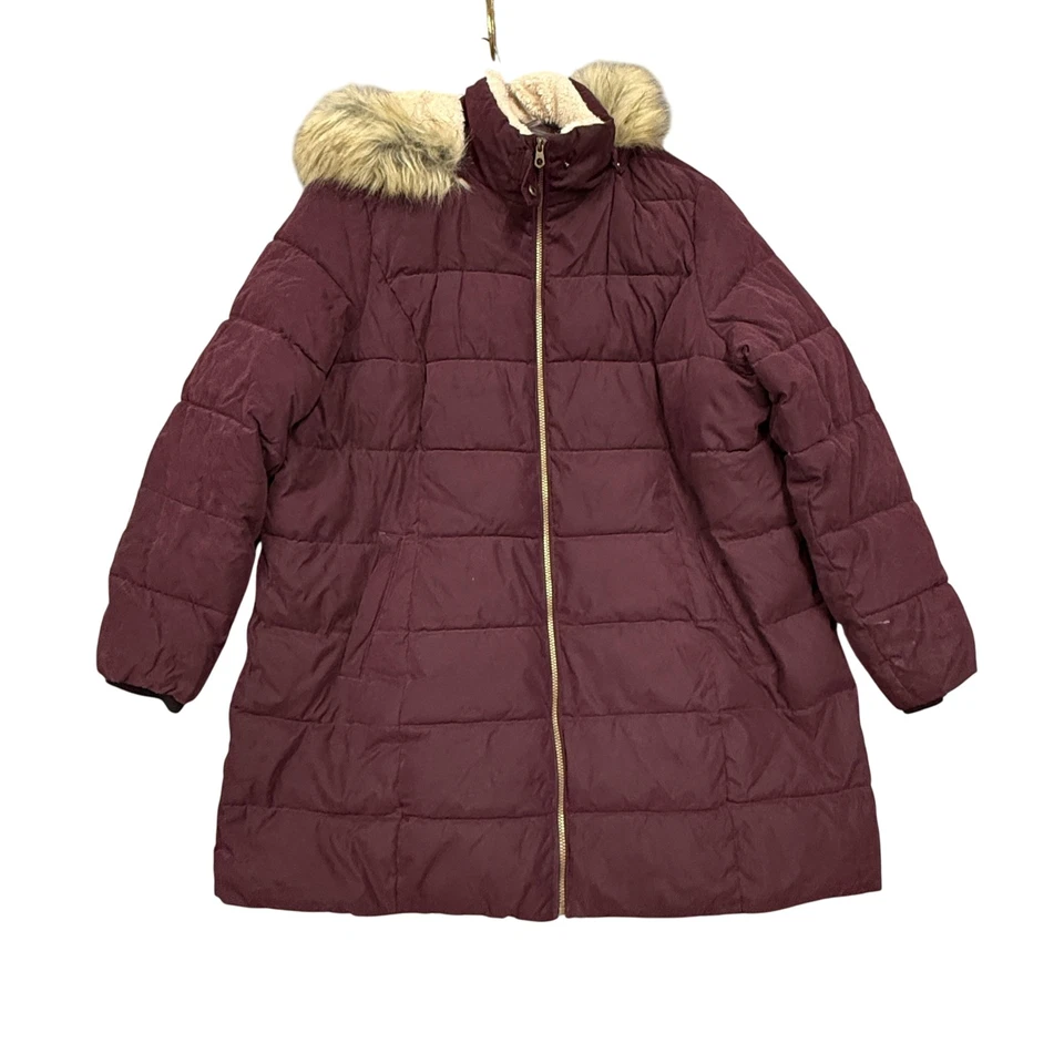 St Johns Bay Coat Womens 2X Burgundy Hooded Puffer Faux Fur Lined Winter - Image 1 of 4