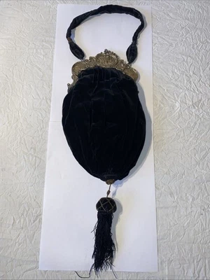 Antique Victorian Gothic Chic Black Velvet Clasp Purse With Silk Lining/Tassel - Image 1 of 4