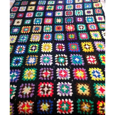 Vintage Handmade Granny Square Black Crochet Afghan 50" X 72" For Couch Roseanne - Image 1 of 4